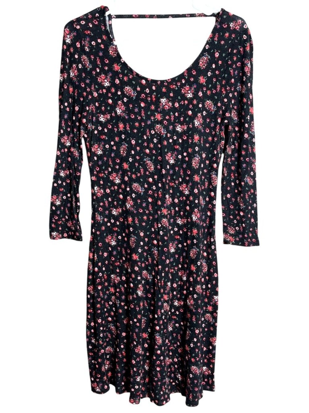Y2k Grunge Floral Jersey Knit Dress Black Midi Whimsigoth Layering Stretch Wom S